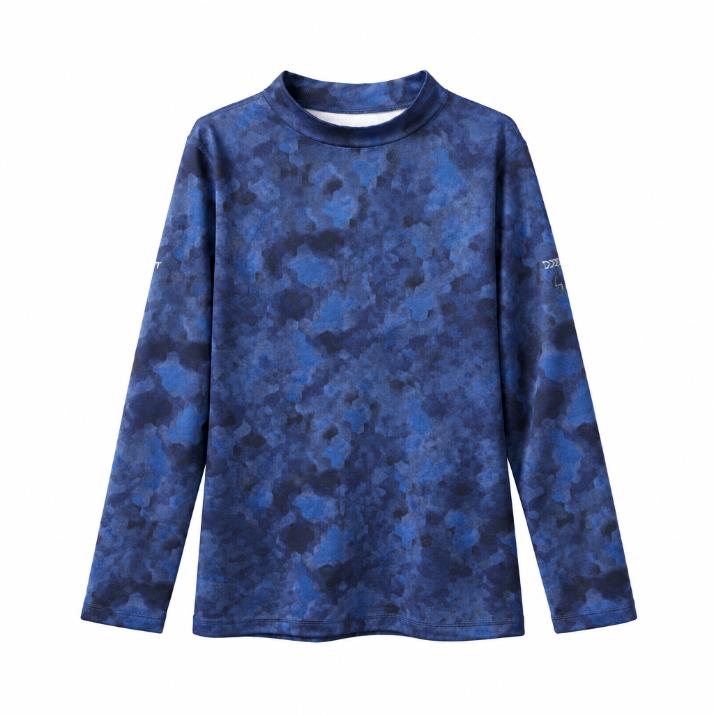 Blue camouflage long-sleeve shirt on a white background